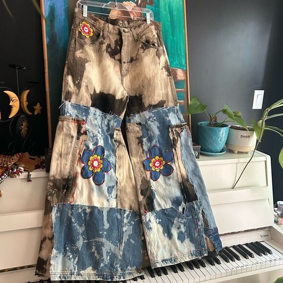 Upcycled Frayed Patchwork Jeans – 34" Waist Handmade Streetwear Pants Wide Leg - Picture 2 of 16